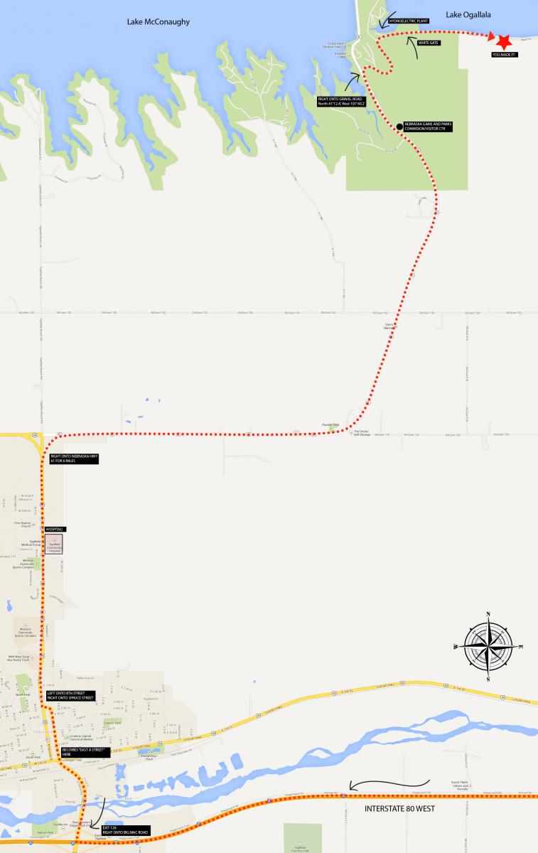 Map depiction of directions from Ogallala to CPBS