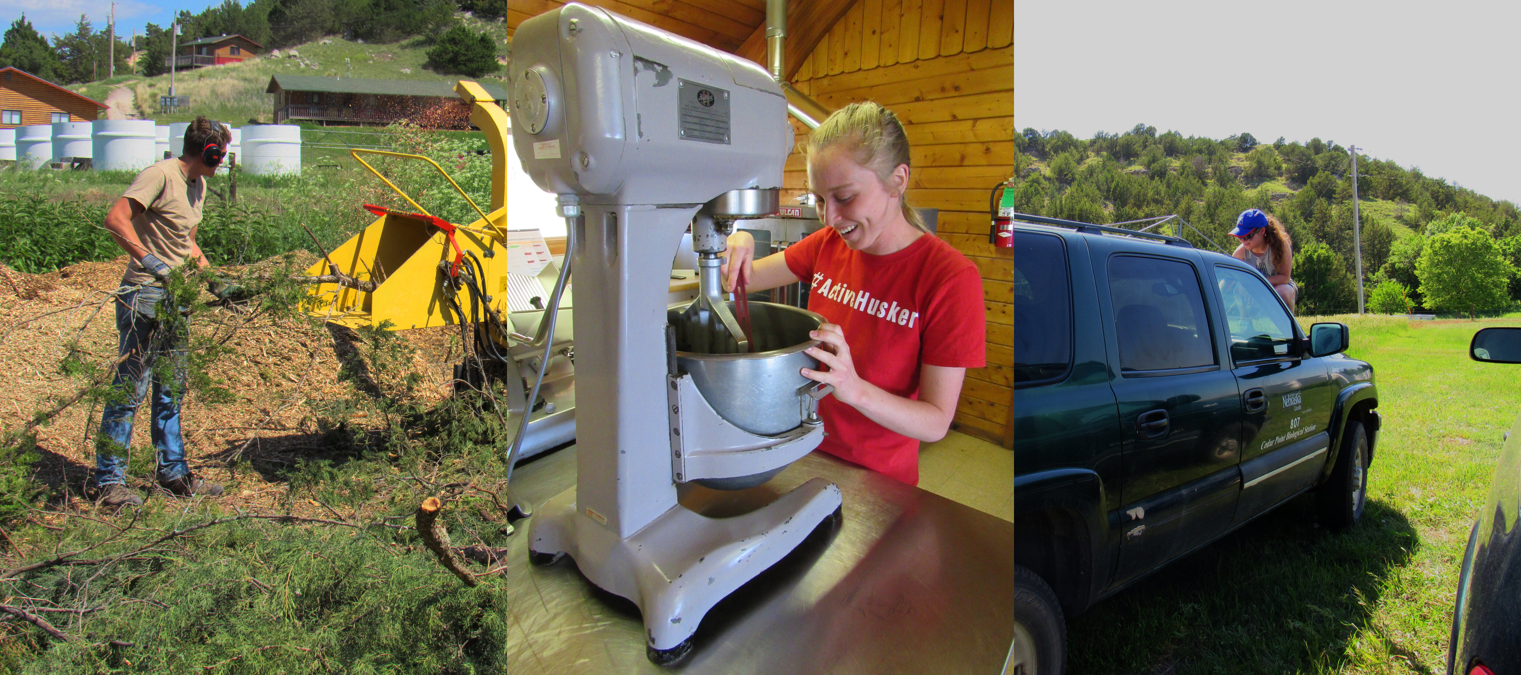 students using a wood chipper, a mixing bowl, and cleaning a vehicle