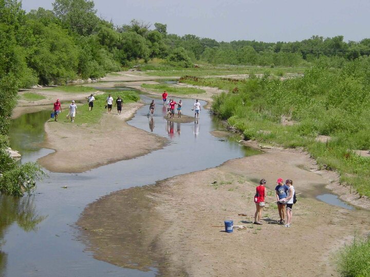 Students gathering samples from a stream