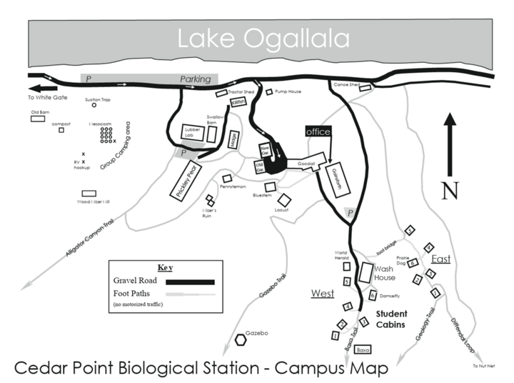Campus map of Cedar Point Biological Station near Lake Ogallala with labeled areas and paths.
